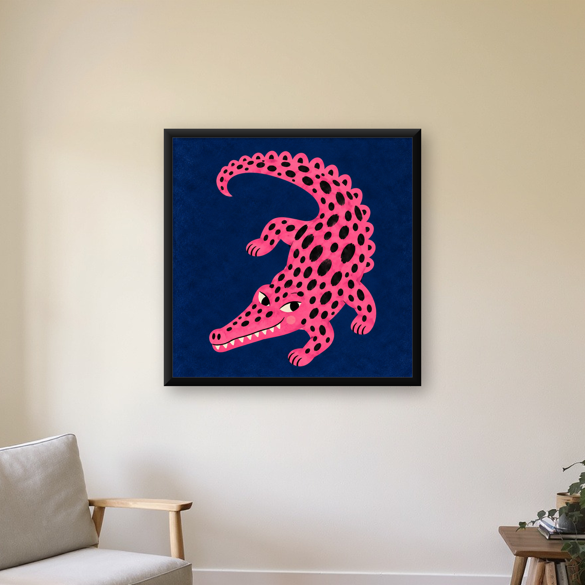 Sevimli Pembe Timsah Dijital İllüstrasyon Poster — Kare baskı, çerçeveli hâliyle bir ev duvarında