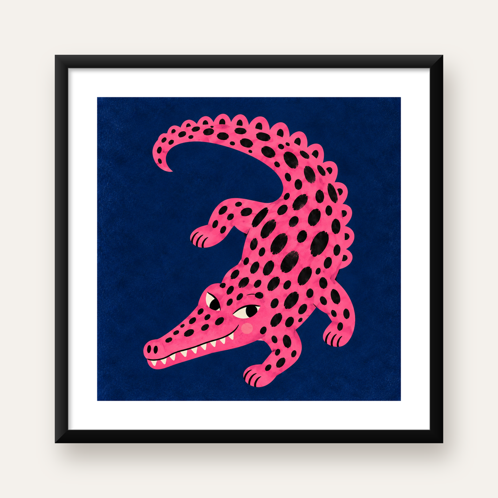 Sevimli Pembe Timsah Dijital İllüstrasyon Poster — Kare baskı, beyaz paspartulu