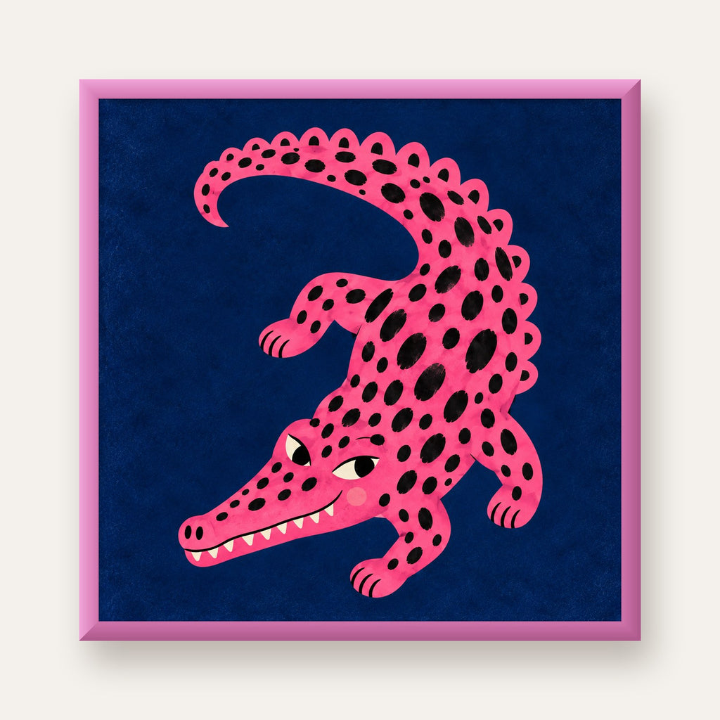Sevimli Pembe Timsah Dijital İllüstrasyon Poster — pembe çerçeveli