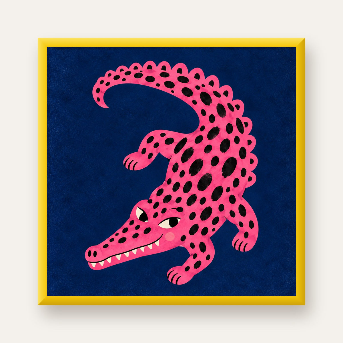 Sevimli Pembe Timsah Dijital İllüstrasyon Poster — sarı çerçeveli