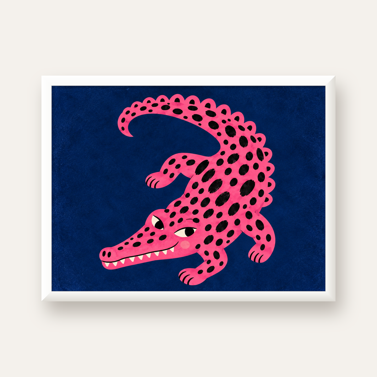 Sevimli Pembe Timsah Dijital İllüstrasyon Poster — beyaz çerçeveli yatay poster