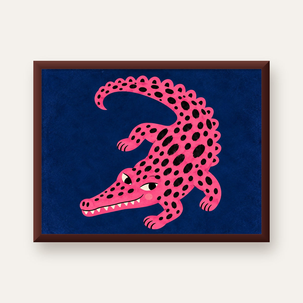 Sevimli Pembe Timsah Dijital İllüstrasyon Poster — ceviz çerçeveli