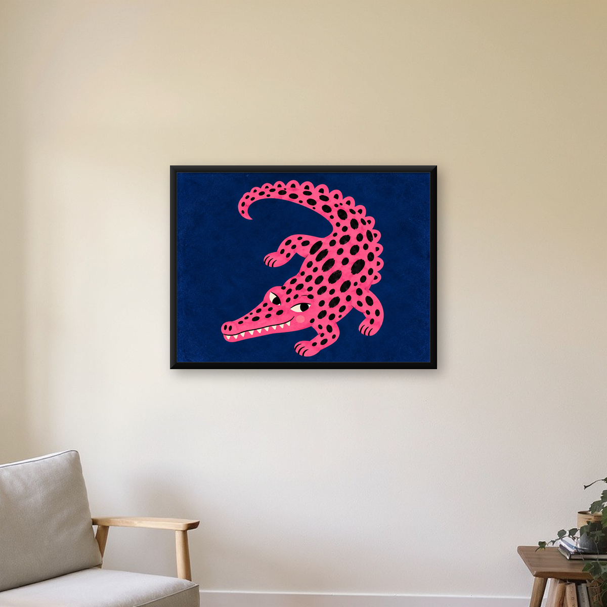 Sevimli Pembe Timsah Dijital İllüstrasyon Poster — Yatay baskı, çerçeveli hâliyle bir ev duvarında
