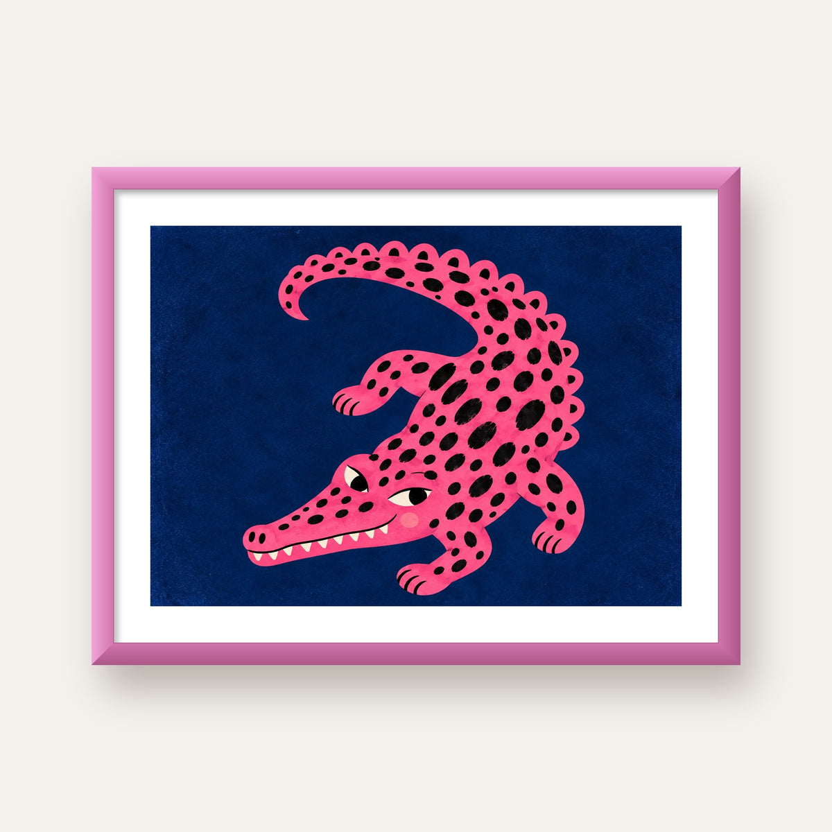 Sevimli Pembe Timsah Dijital İllüstrasyon Poster — pembe çerçeveli paspartulu