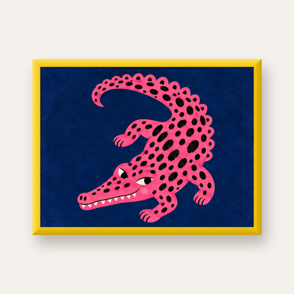 Sevimli Pembe Timsah Dijital İllüstrasyon Poster — sarı çerçeveli