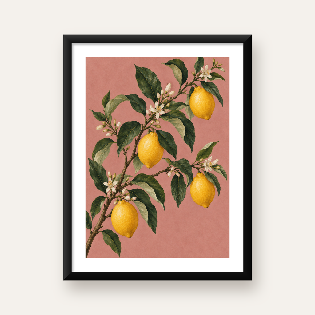 Limon Dalı İllüstrasyon Poster – Zarif, Gerçekçi Duvar Dekoru — Dikey baskı, beyaz paspartulu