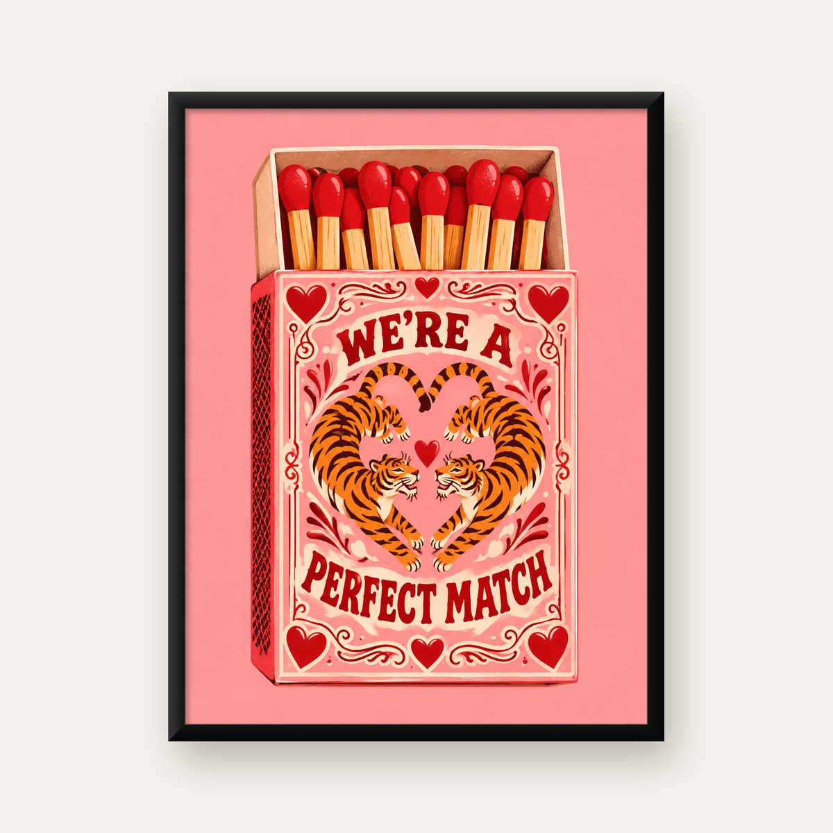 Retro Kibrit Kutusu & Kaplanlar İllüstrasyon Poster — Dikey baskı, düz siyah çerçeveli duvar posteri