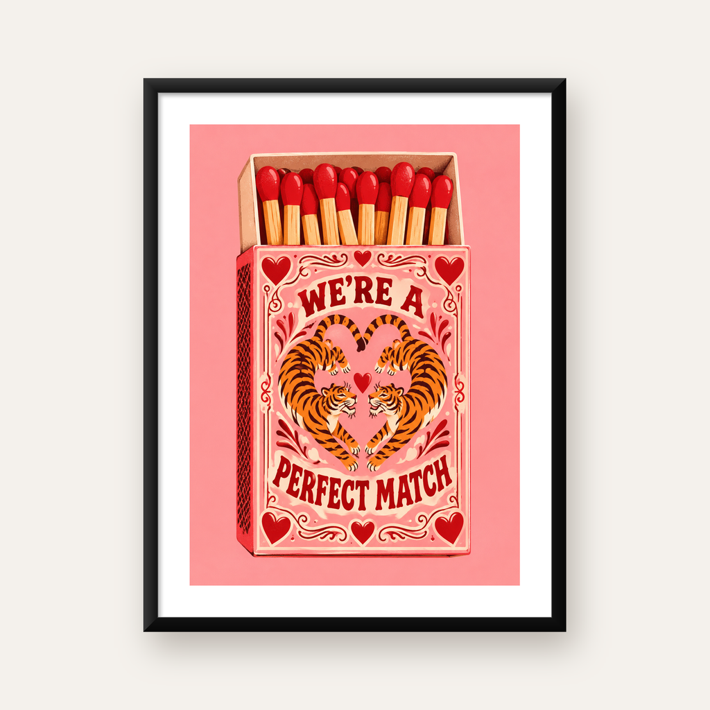 Retro Kibrit Kutusu & Kaplanlar İllüstrasyon Poster — Dikey baskı, beyaz kenar boşluklu