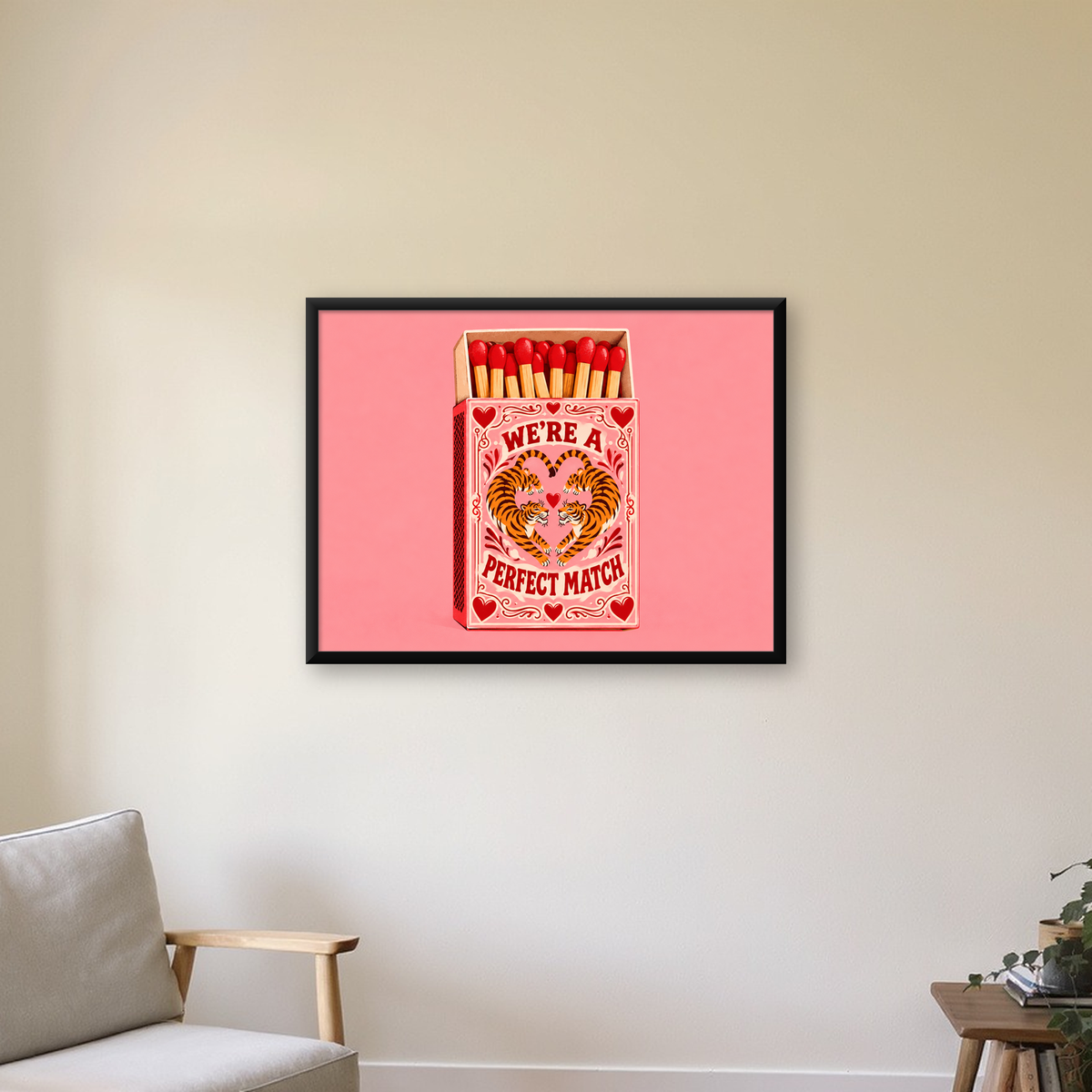 Retro Kibrit Kutusu & Kaplanlar İllüstrasyon Poster — Yatay baskı, çerçeveli hâliyle bir ev duvarında