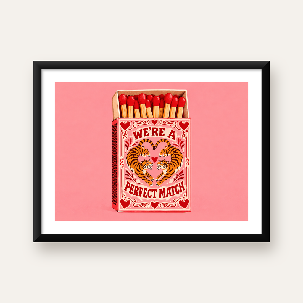 Retro Kibrit Kutusu & Kaplanlar İllüstrasyon Poster — Yatay baskı, beyaz kenar boşluklu
