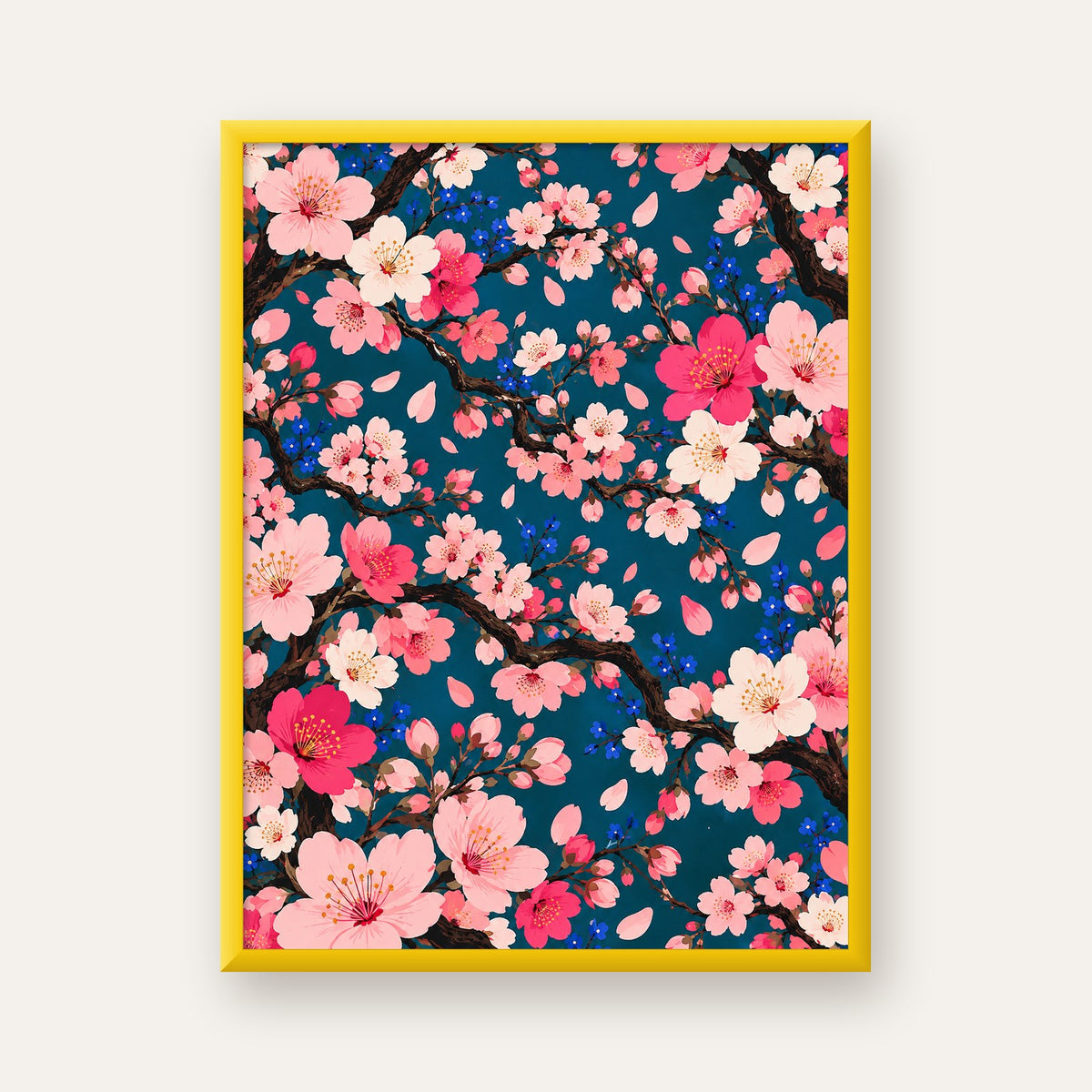 Kiraz Çiçeği Dal Desenli Renkli Dijital Poster — sarı çerçeveli