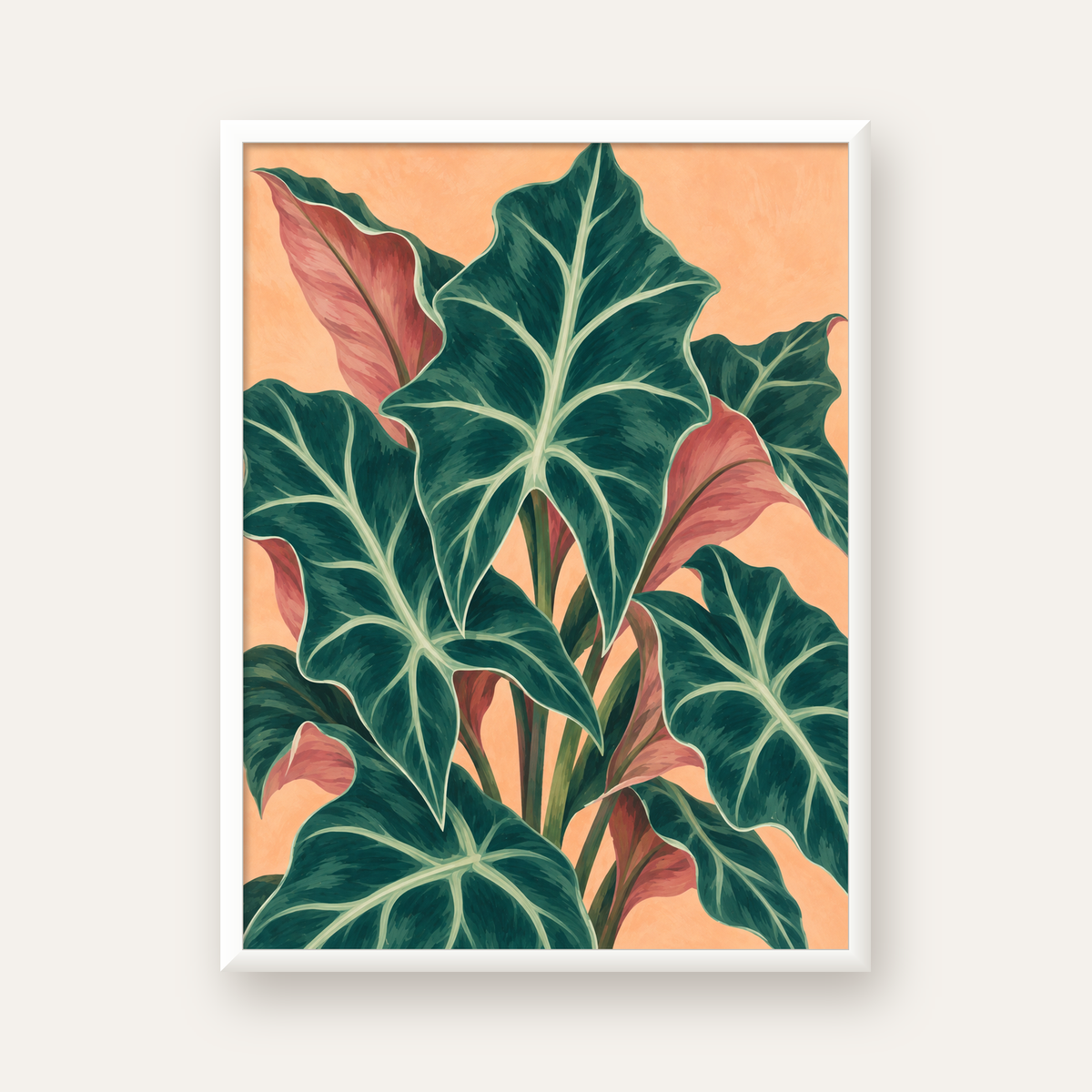 Tropikal Yaprak Desenli Modern Sanat Poster – Dijital Baskı — beyaz çerçeveli dikey poster