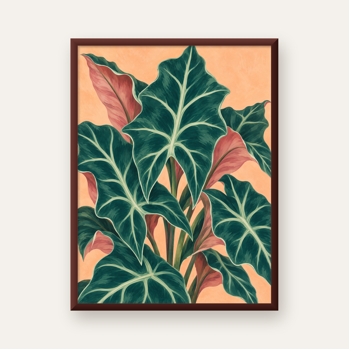 Tropikal Yaprak Desenli Modern Sanat Poster – Dijital Baskı — ceviz çerçeveli