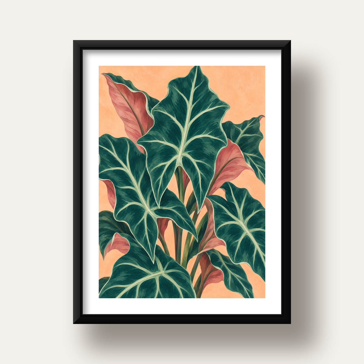 Tropikal Yaprak Desenli Modern Sanat Poster – Dijital Baskı — siyah derin çerçeveli paspartulu