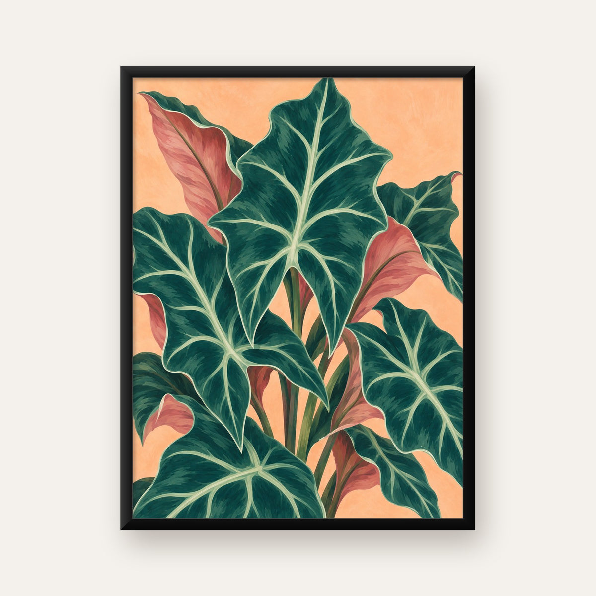 Tropikal Yaprak Desenli Modern Sanat Poster – Dijital Baskı — Dikey baskı, düz siyah çerçeveli duvar posteri