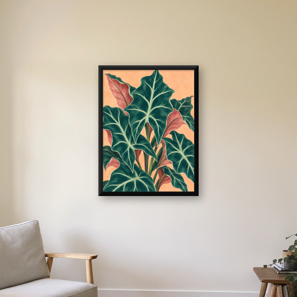 Tropikal Yaprak Desenli Modern Sanat Poster – Dijital Baskı — Dikey baskı, çerçeveli hâliyle bir ev duvarında