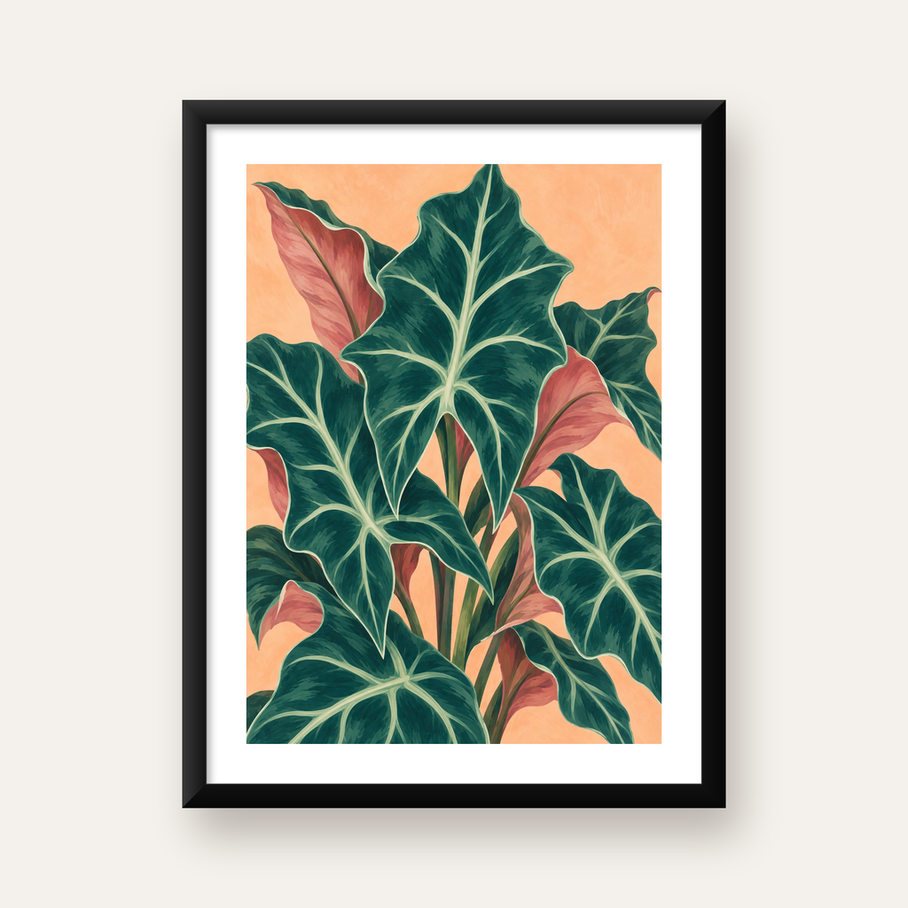 Tropikal Yaprak Desenli Modern Sanat Poster – Dijital Baskı — Dikey baskı, beyaz paspartulu