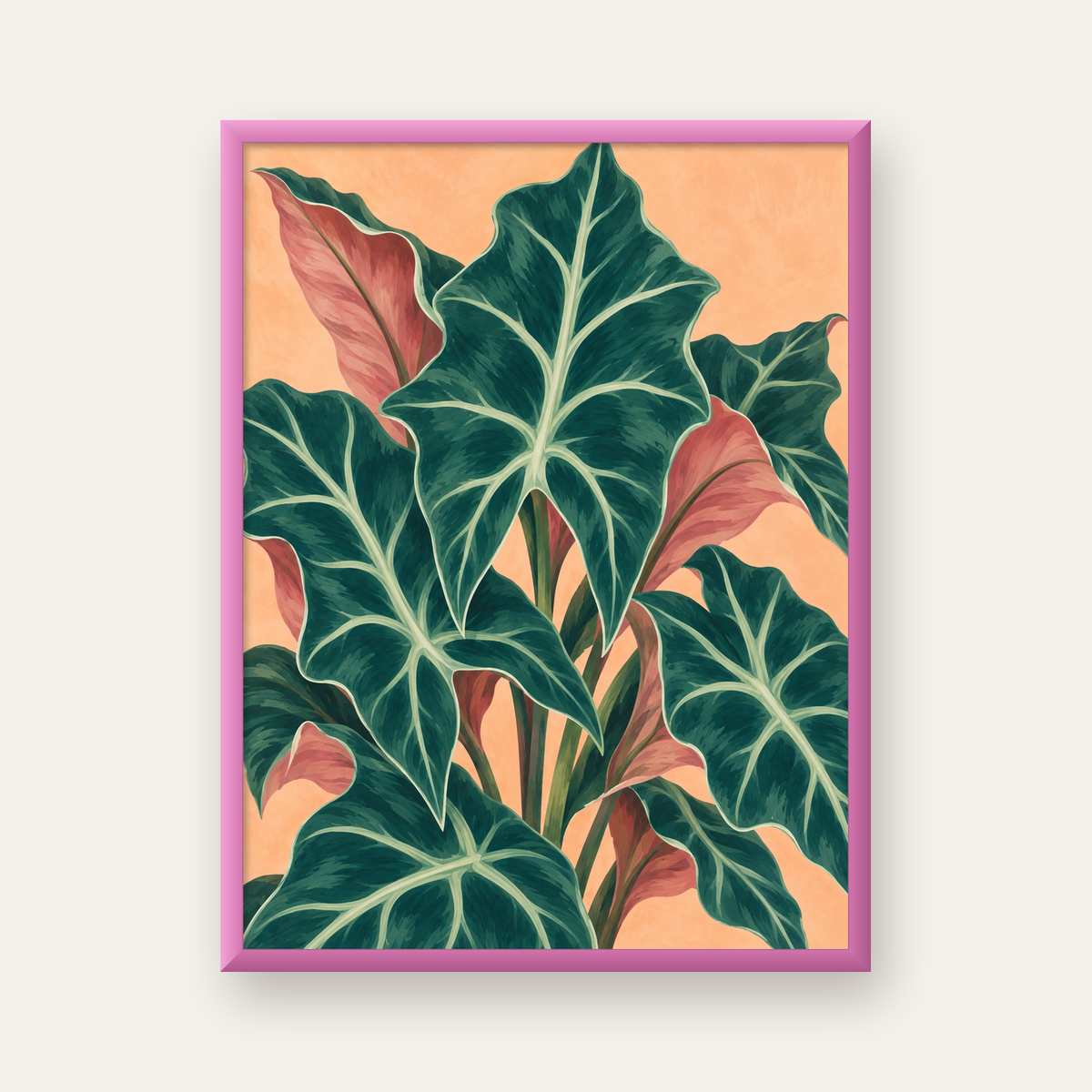 Tropikal Yaprak Desenli Modern Sanat Poster – Dijital Baskı — pembe çerçeveli
