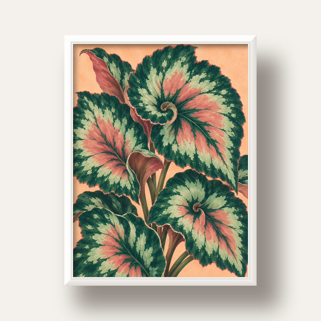 Büyük Yaprak Desenli Spiral Renkli Poster – Bitki İllüstrasyonu — beyaz derin çerçeveli