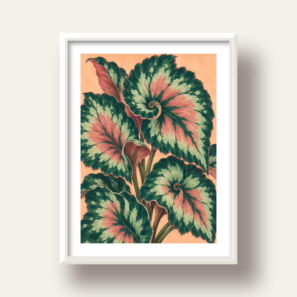 Büyük Yaprak Desenli Spiral Renkli Poster – Bitki İllüstrasyonu — beyaz derin çerçeveli paspartulu