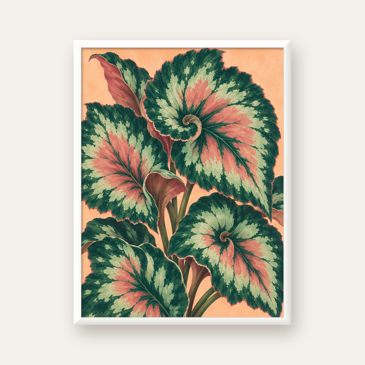 Büyük Yaprak Desenli Spiral Renkli Poster – Bitki İllüstrasyonu — beyaz çerçeveli dikey poster