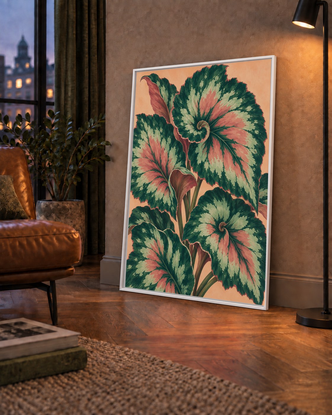 Büyük Yaprak Desenli Spiral Renkli Poster – Bitki İllüstrasyonu — çerçeveli hâliyle bir ev duvarında