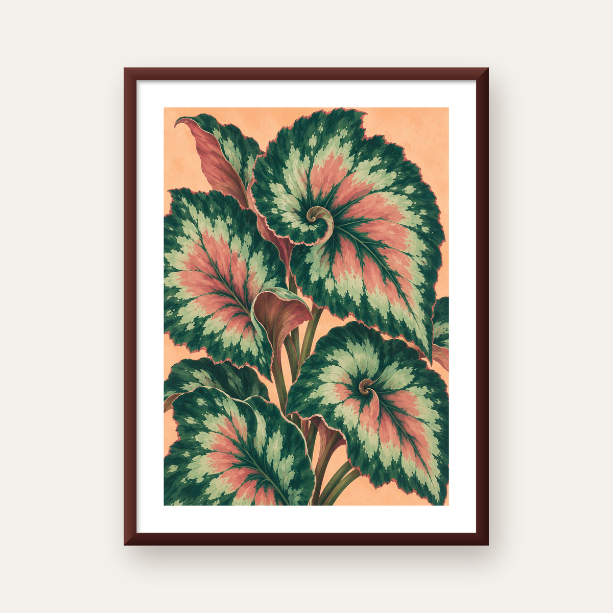 Büyük Yaprak Desenli Spiral Renkli Poster – Bitki İllüstrasyonu — ceviz çerçeveli paspartulu