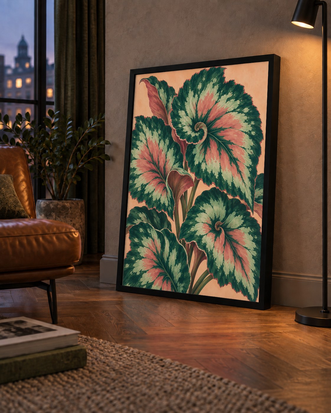 Büyük Yaprak Desenli Spiral Renkli Poster – Bitki İllüstrasyonu — çerçeveli hâliyle bir ev duvarında