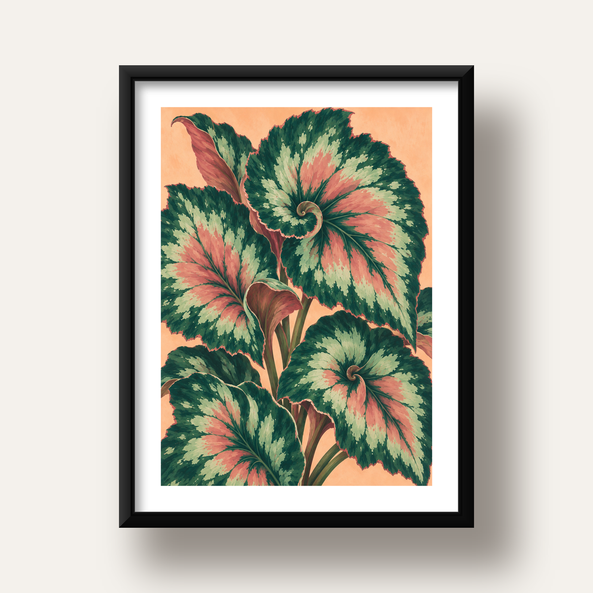 Büyük Yaprak Desenli Spiral Renkli Poster – Bitki İllüstrasyonu — siyah derin çerçeveli paspartulu