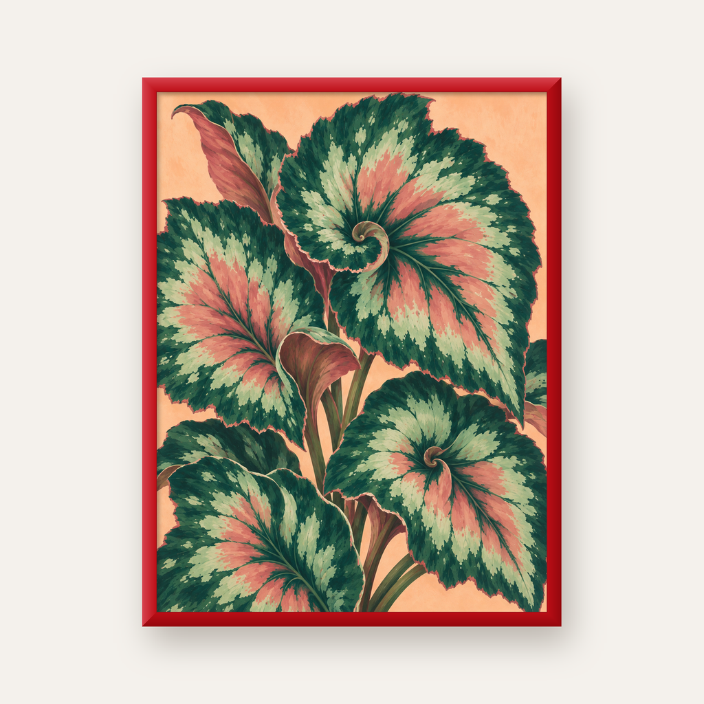 Büyük Yaprak Desenli Spiral Renkli Poster – Bitki İllüstrasyonu — kırmızı çerçeveli