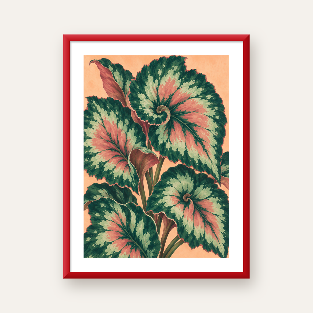 Büyük Yaprak Desenli Spiral Renkli Poster – Bitki İllüstrasyonu — kırmızı çerçeveli paspartulu