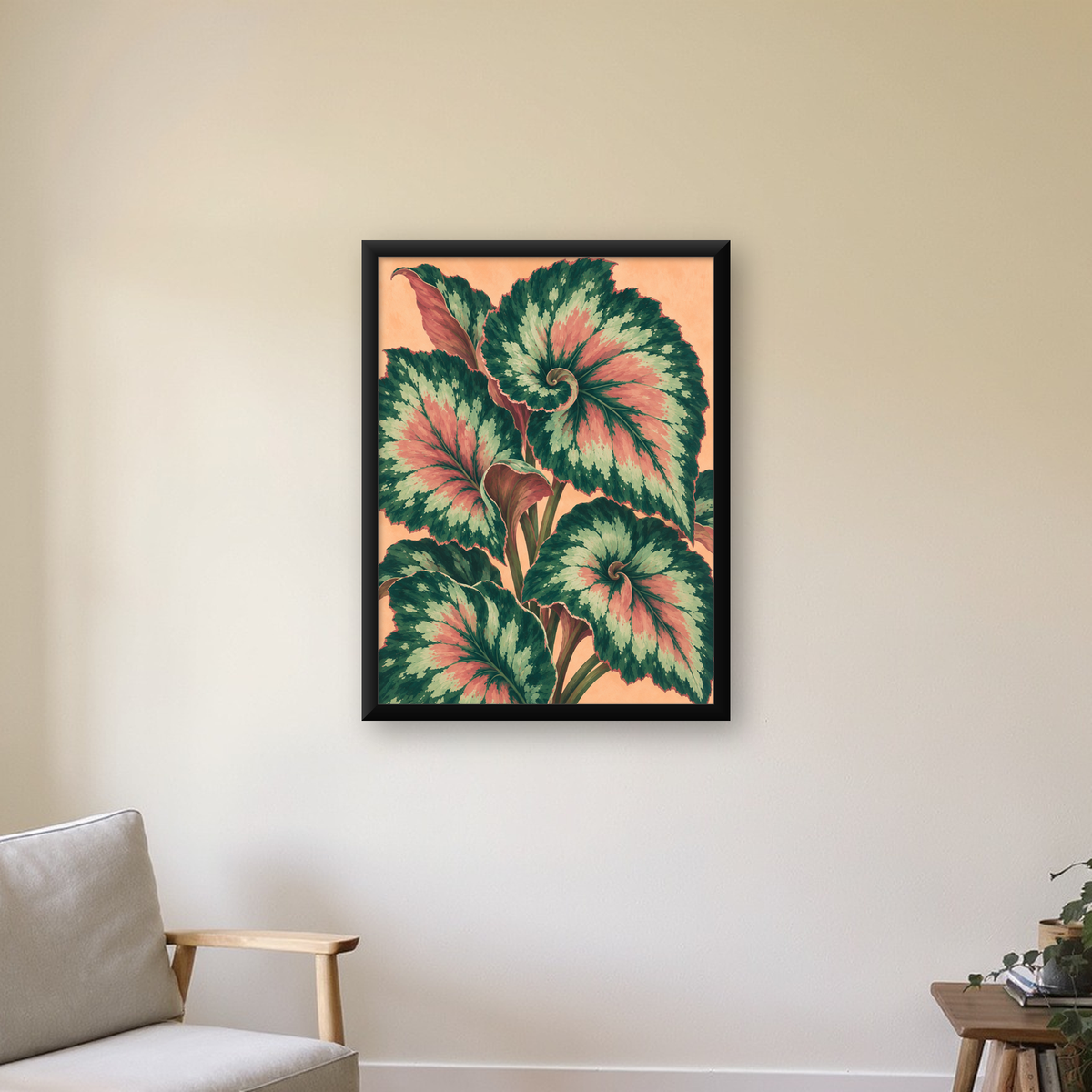 Büyük Yaprak Desenli Spiral Renkli Poster – Bitki İllüstrasyonu — Dikey baskı, çerçeveli hâliyle bir ev duvarında
