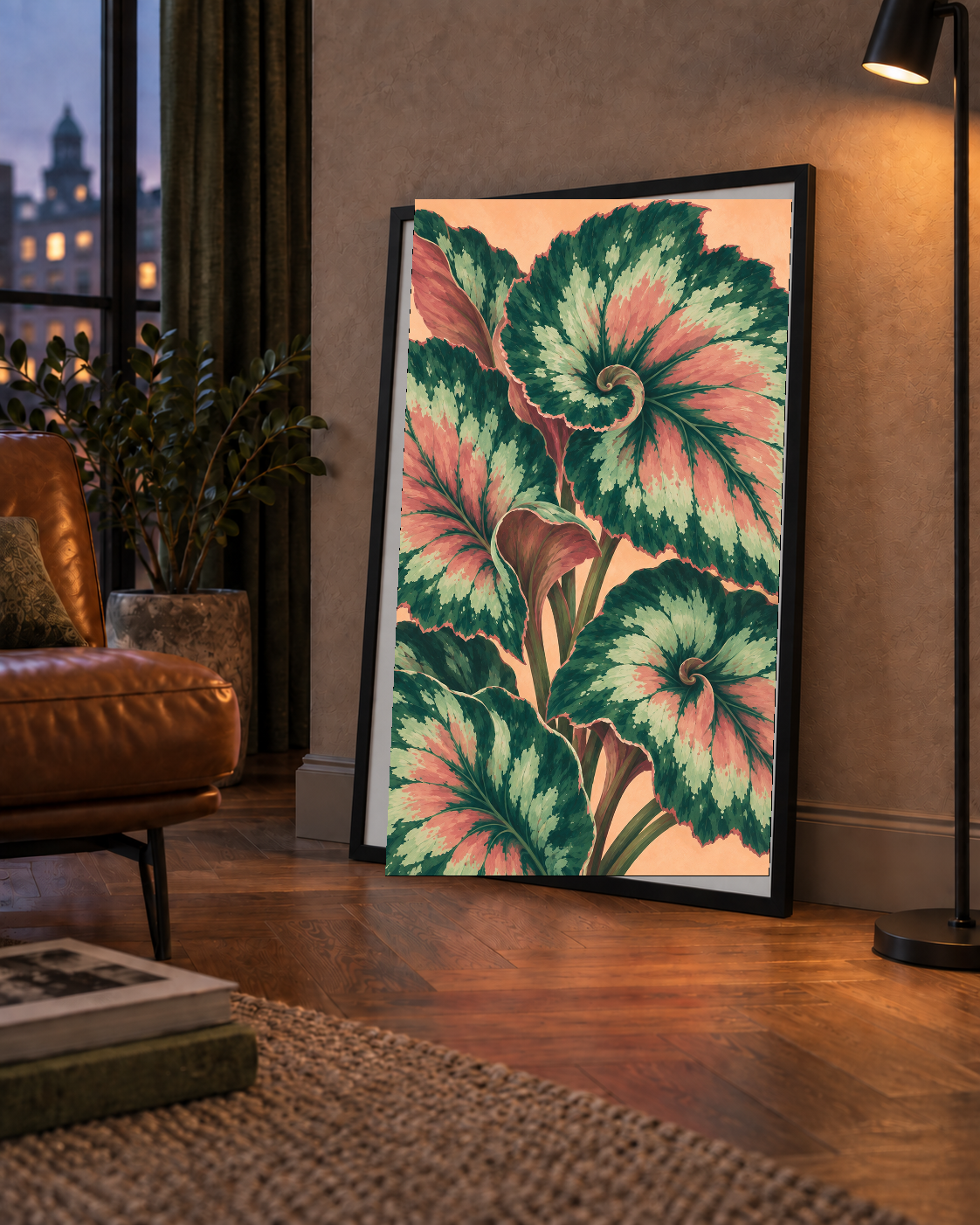 Büyük Yaprak Desenli Spiral Renkli Poster – Bitki İllüstrasyonu
