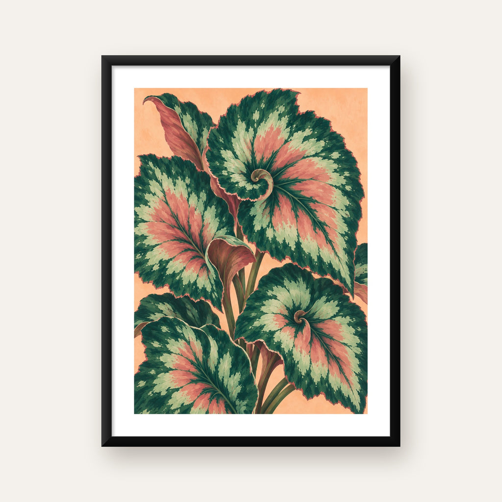 Büyük Yaprak Desenli Spiral Renkli Poster – Bitki İllüstrasyonu — Dikey baskı, beyaz paspartulu