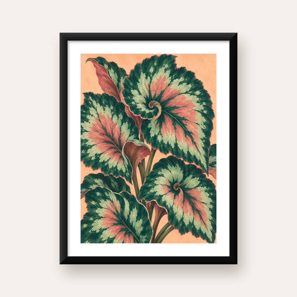 Büyük Yaprak Desenli Spiral Renkli Poster – Bitki İllüstrasyonu — Dikey baskı, beyaz paspartulu