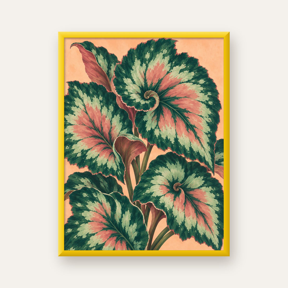 Büyük Yaprak Desenli Spiral Renkli Poster – Bitki İllüstrasyonu — sarı çerçeveli