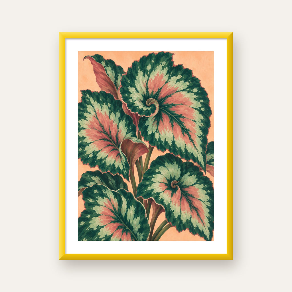 Büyük Yaprak Desenli Spiral Renkli Poster – Bitki İllüstrasyonu — sarı çerçeveli paspartulu