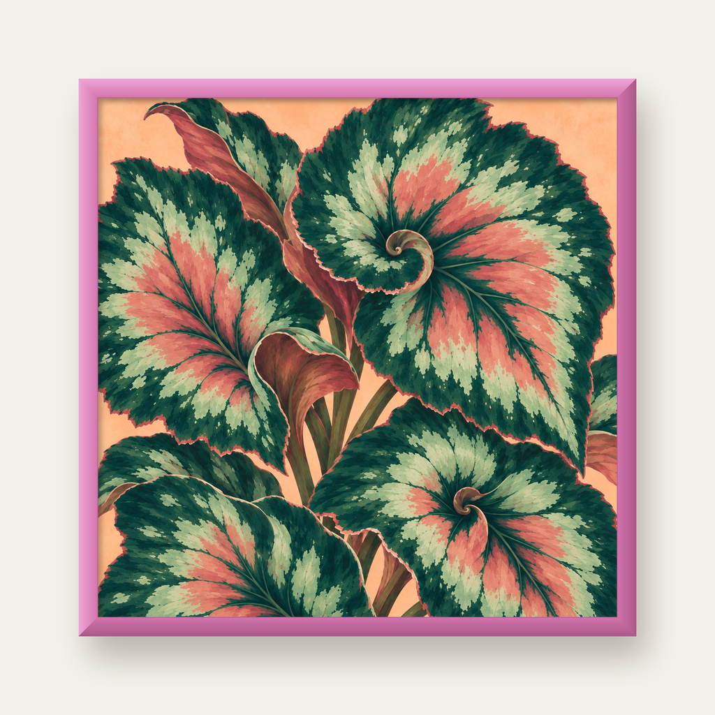 Büyük Yaprak Desenli Spiral Renkli Poster – Bitki İllüstrasyonu — pembe çerçeveli