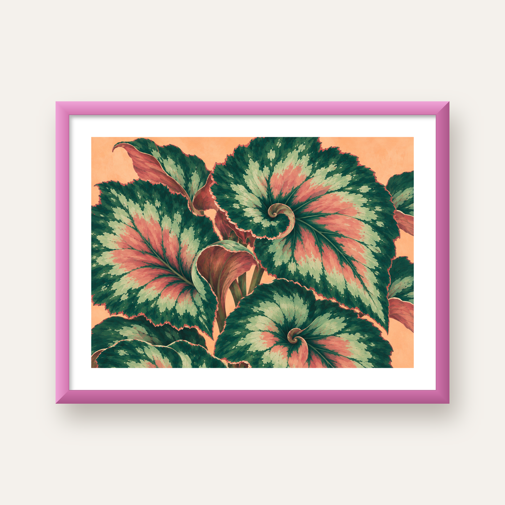 Büyük Yaprak Desenli Spiral Renkli Poster – Bitki İllüstrasyonu — pembe çerçeveli paspartulu