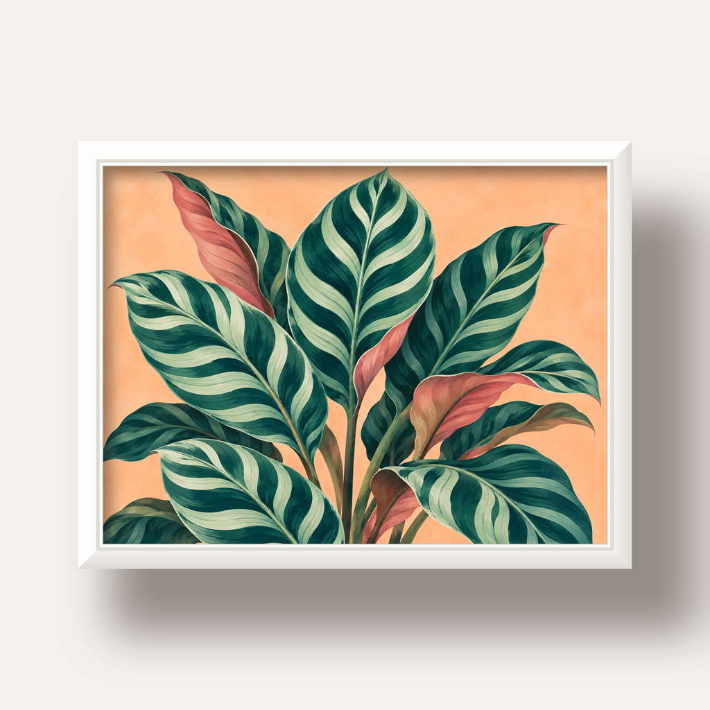 Yeşil Çizgili Tropikal Yapraklar Poster Bitki İllüstrasyonu — beyaz derin çerçeveli