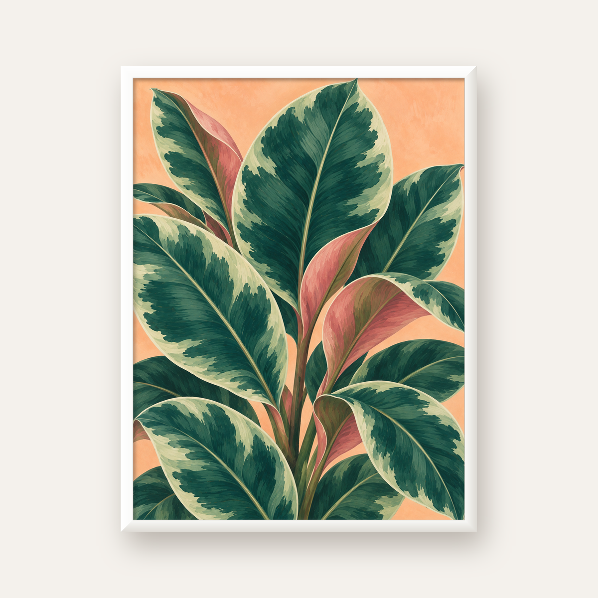 Yeşil Büyük Yapraklı Bitki Dijital Poster - Modern Duvar Dekoru — beyaz çerçeveli dikey poster