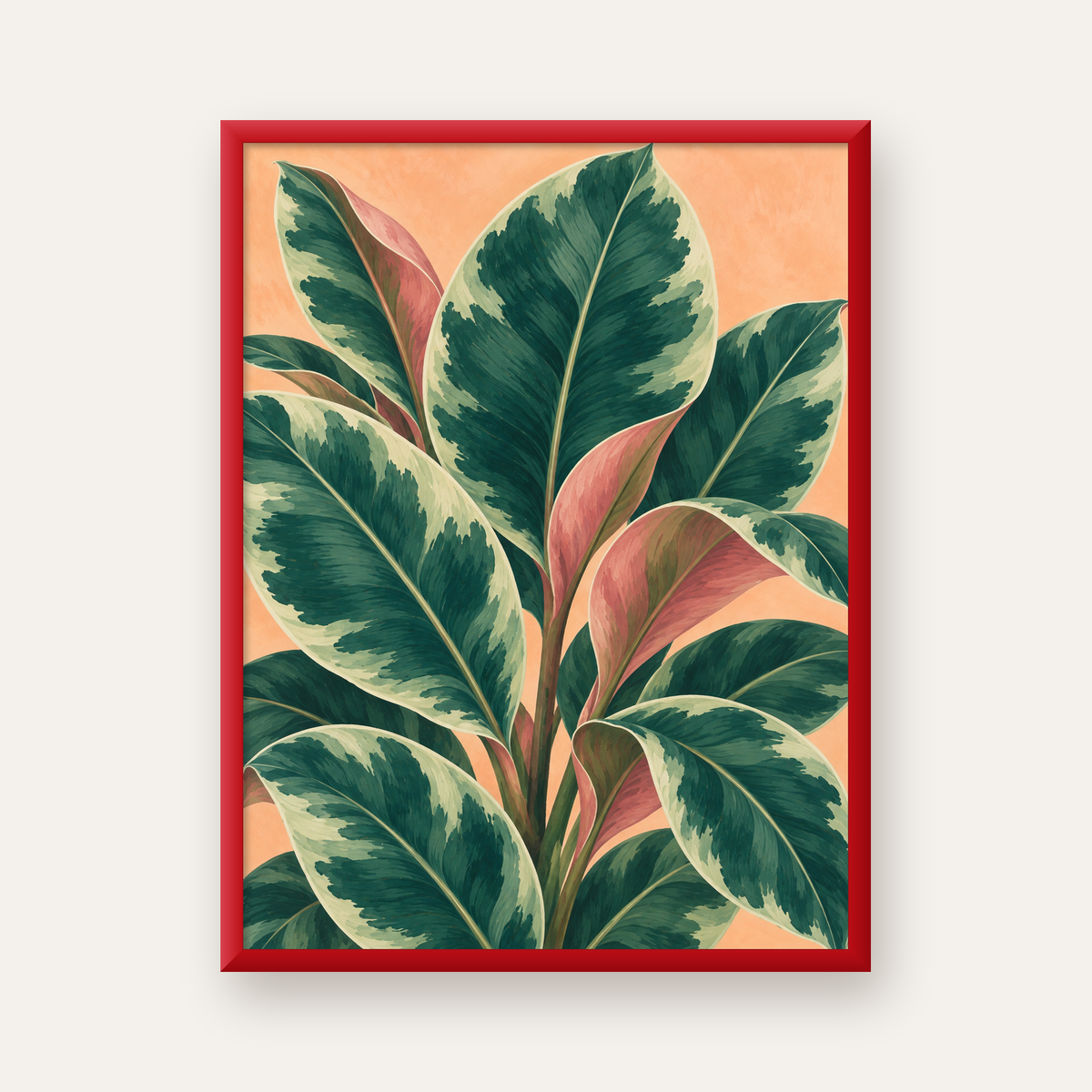 Yeşil Büyük Yapraklı Bitki Dijital Poster - Modern Duvar Dekoru — kırmızı çerçeveli