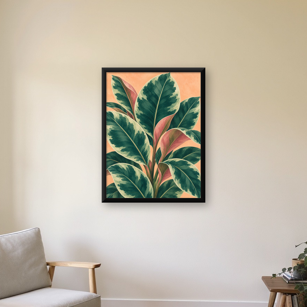 Yeşil Büyük Yapraklı Bitki Dijital Poster - Modern Duvar Dekoru — Dikey baskı, çerçeveli hâliyle bir ev duvarında