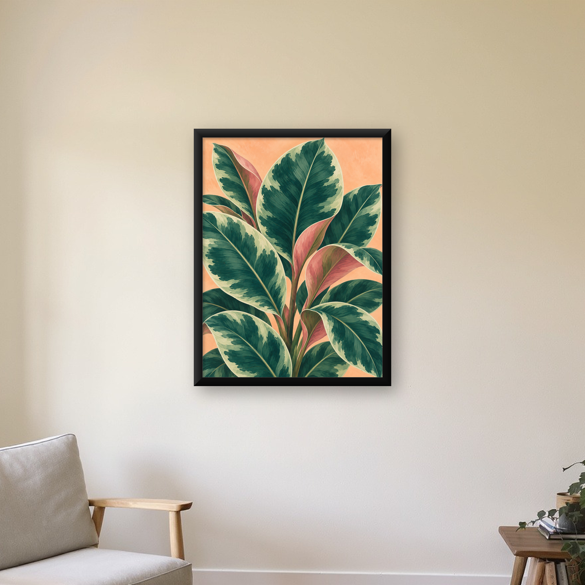 Yeşil Büyük Yapraklı Bitki Dijital Poster - Modern Duvar Dekoru — Dikey baskı, çerçeveli hâliyle bir ev duvarında