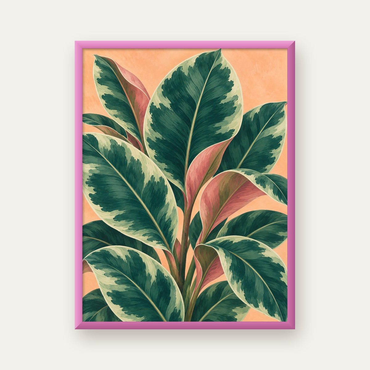 Yeşil Büyük Yapraklı Bitki Dijital Poster - Modern Duvar Dekoru — pembe çerçeveli