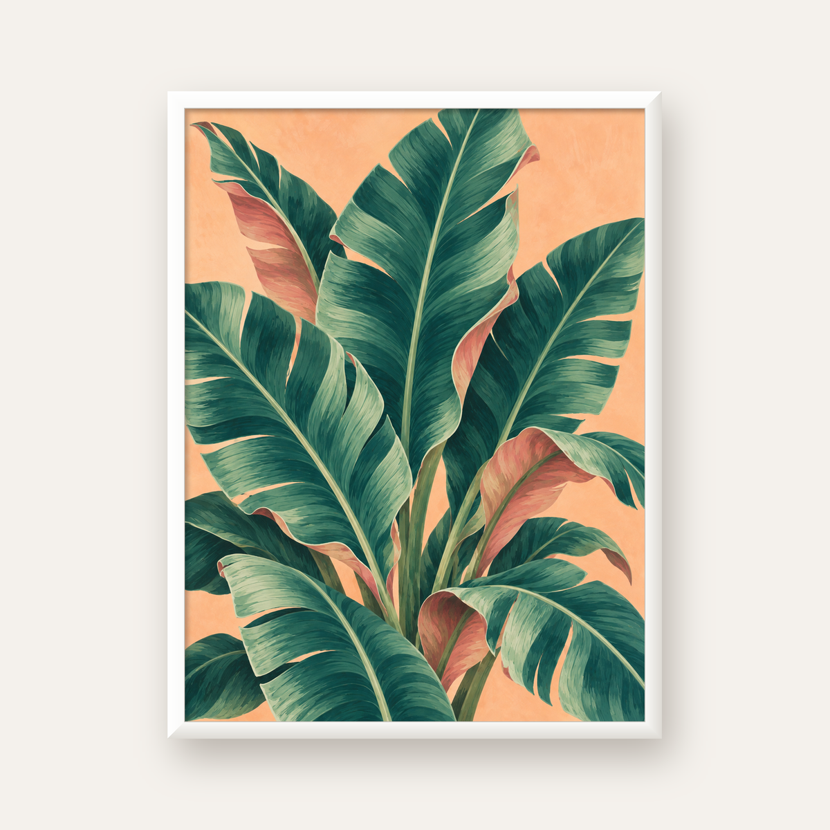Tropikal Yaprak Desenli Modern Dijital Poster — beyaz çerçeveli dikey poster