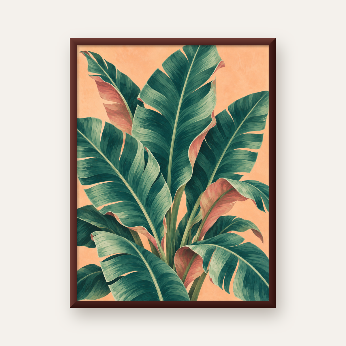 Tropikal Yaprak Desenli Modern Dijital Poster — ceviz çerçeveli