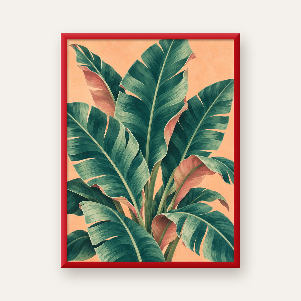 Tropikal Yaprak Desenli Modern Dijital Poster — kırmızı çerçeveli