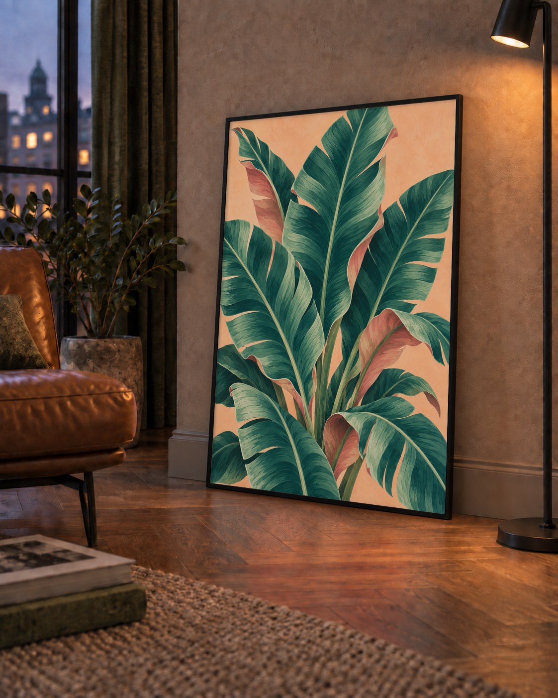 Tropikal Yaprak Desenli Modern Dijital Poster — çerçeveli hâliyle bir ev duvarında