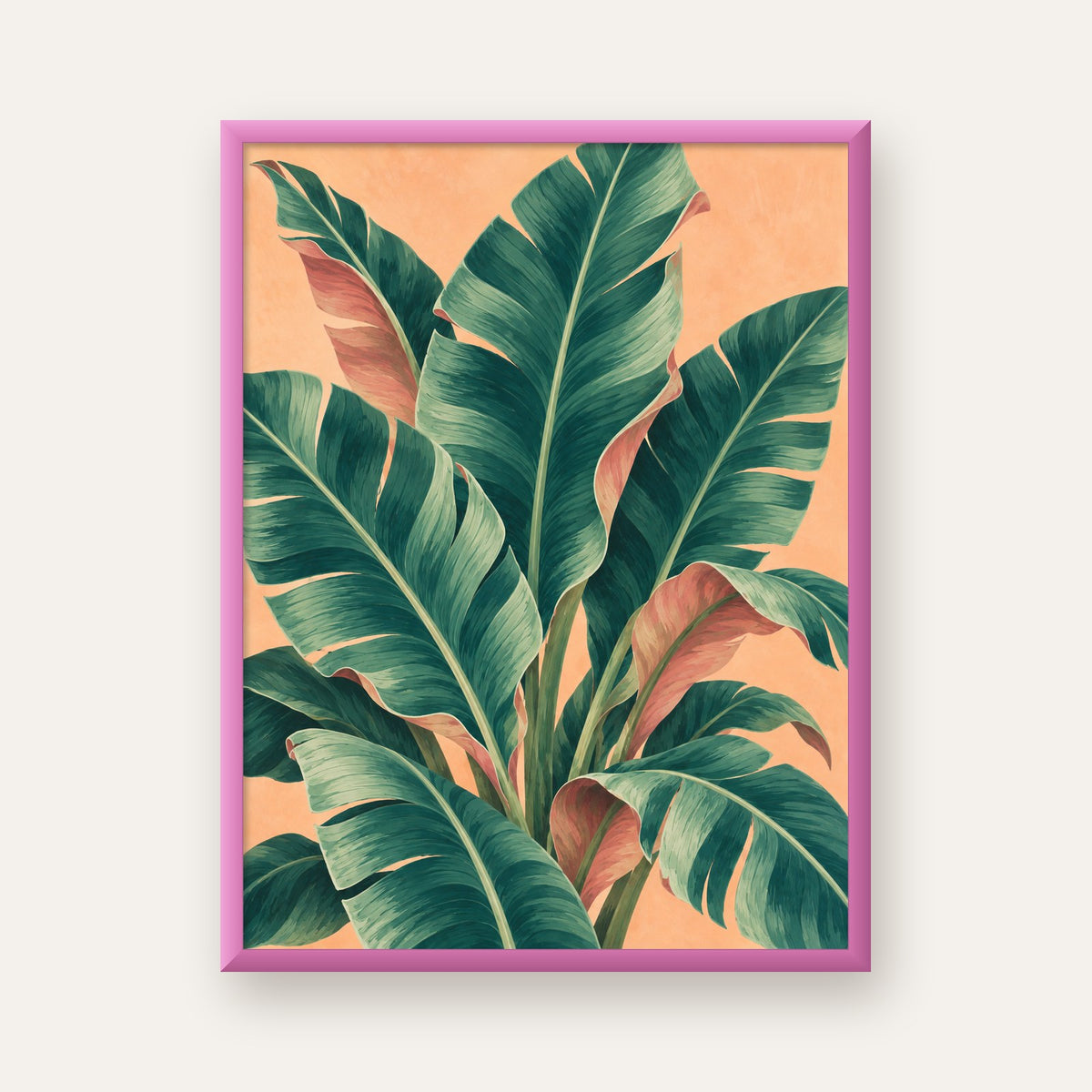 Tropikal Yaprak Desenli Modern Dijital Poster — pembe çerçeveli